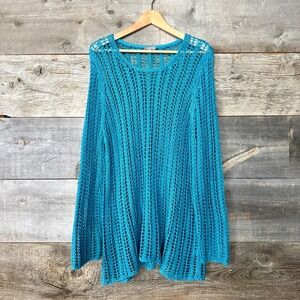 J. Jill 100% Linen Open Knit Sweater XL Turquoise Crochet Pullover Beach Coastal